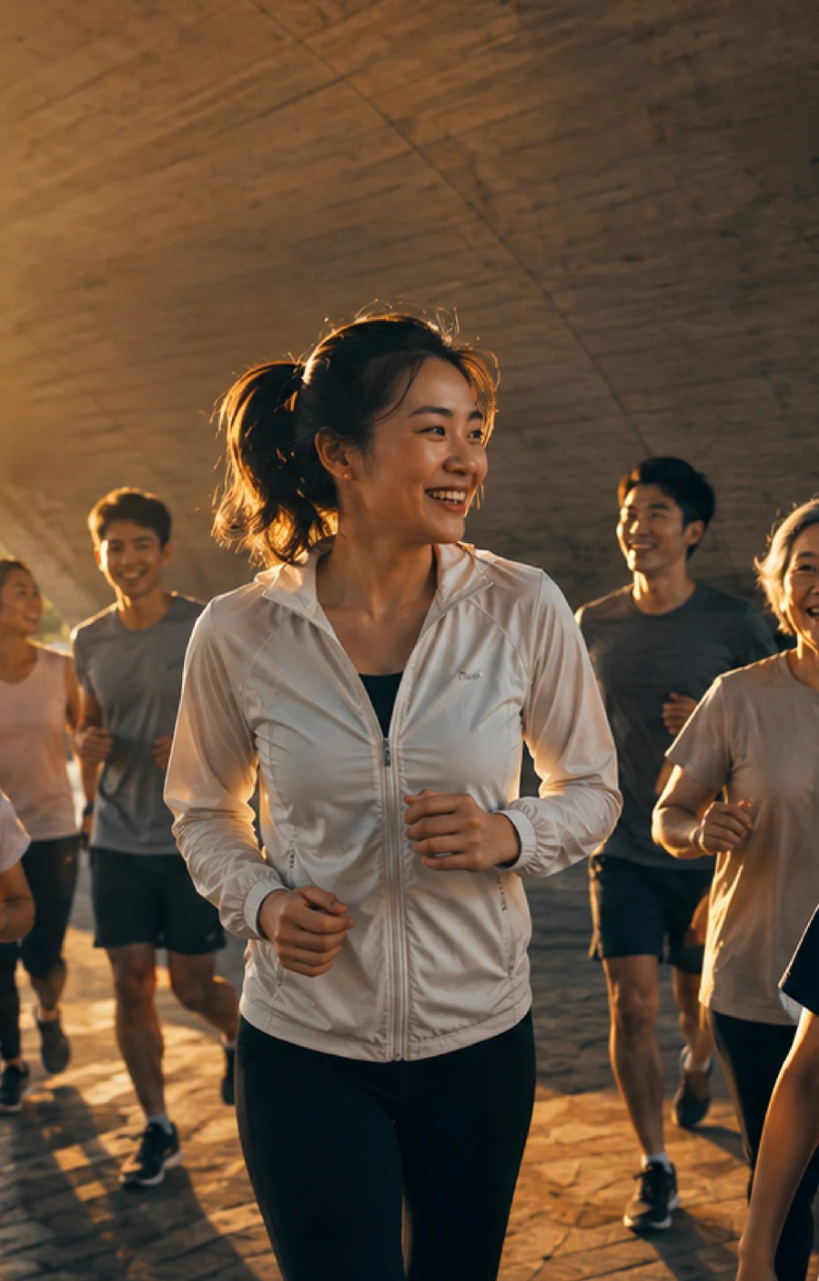 A smiling woman moving with a group in warm evening light