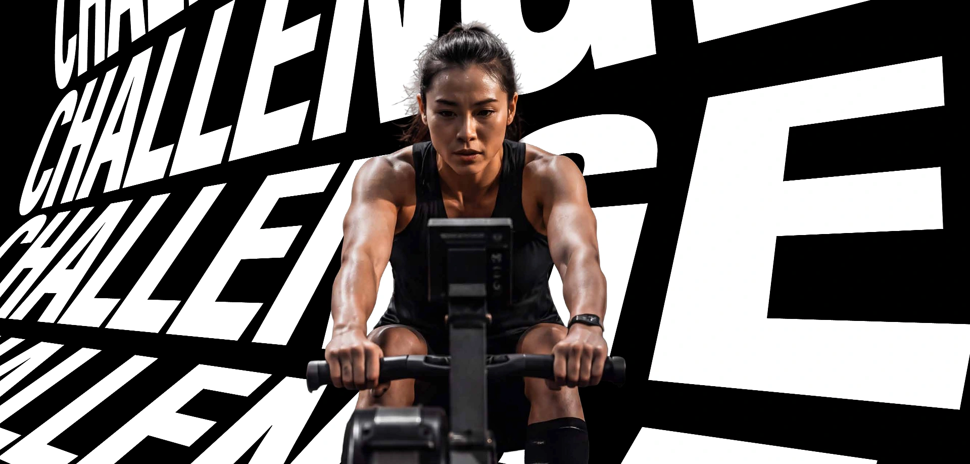 An athlete rowing against the VYTX Challenge typography
