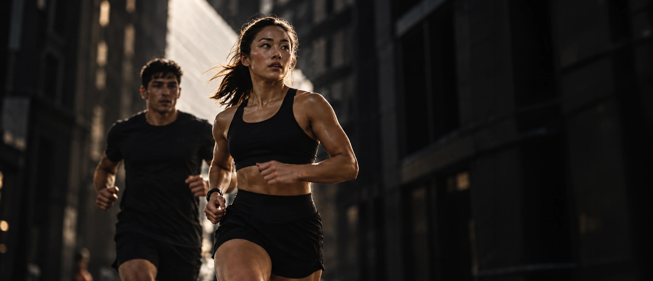Two athletes racing through a sunlit city