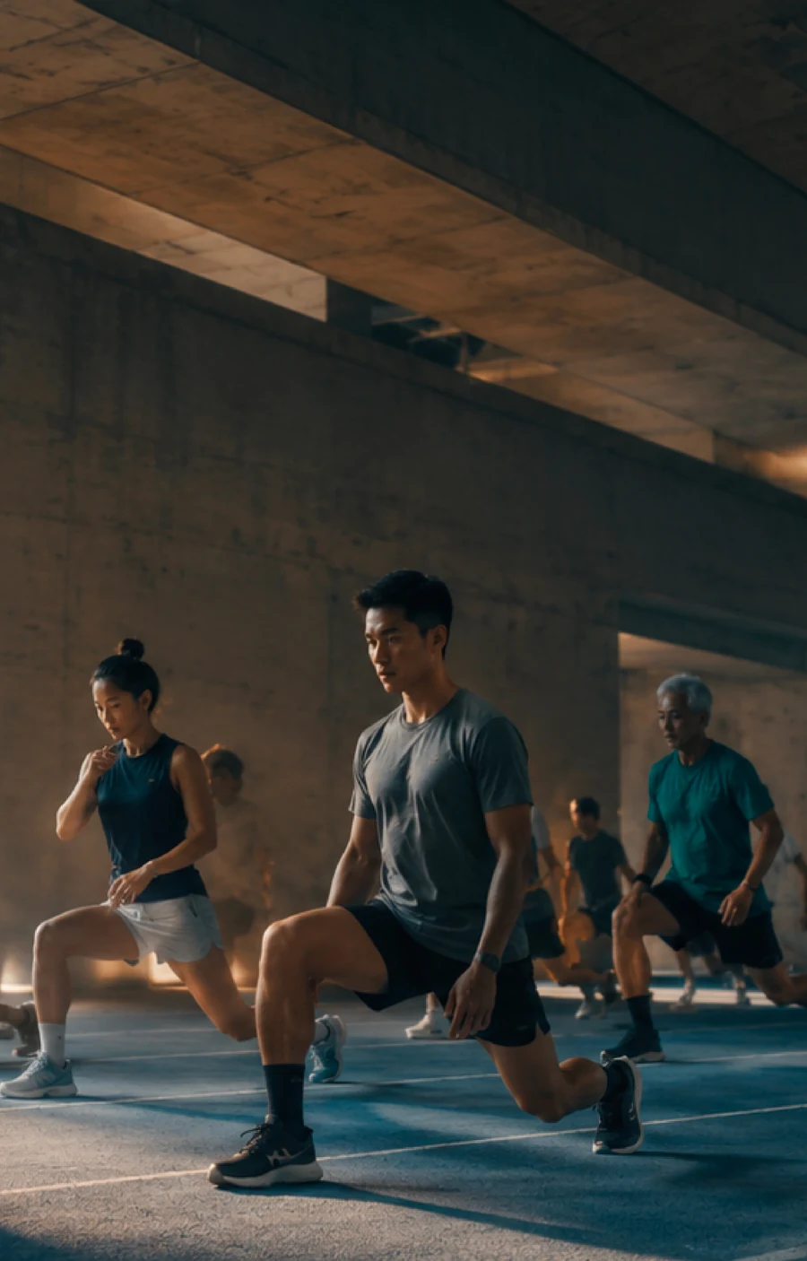 A group of athletes training together in a sunlit gym